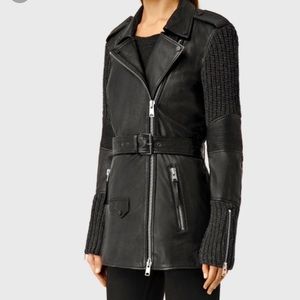 All Saints Black Leather Jacket with Knit Sleeves